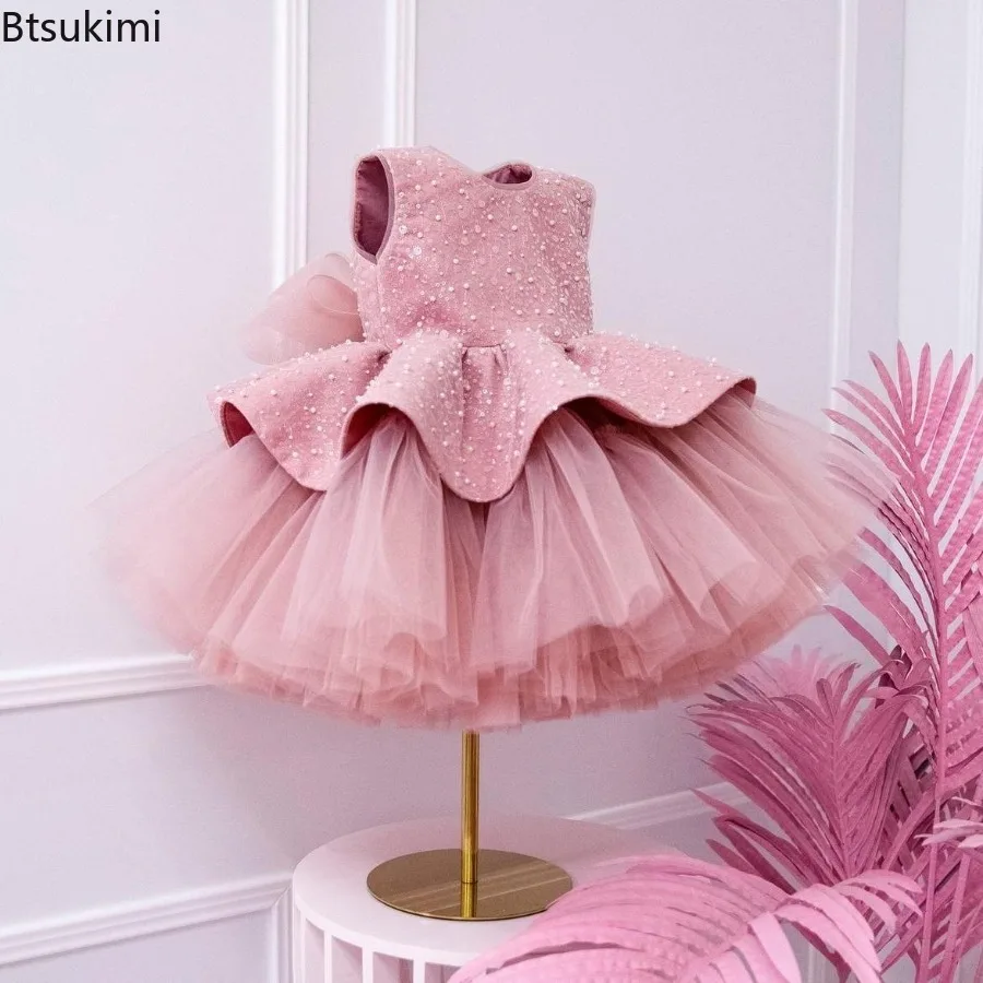 Glänzende staubige rosa Blumenkleider für Mädchen, knielanges Tüll-Geburtstagspartykleid, Schleife, ärmellos, Festzug-Weihnachtskleider für Kleinkinder