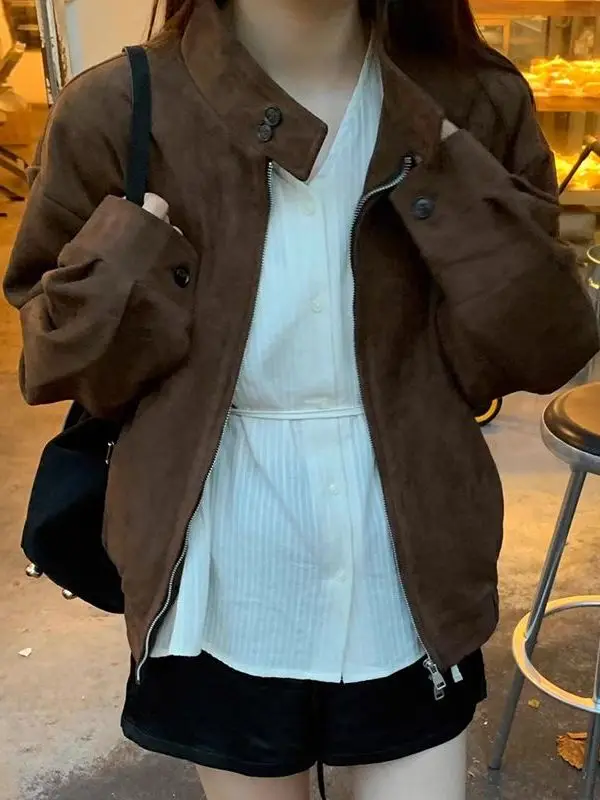 

Замшевое джато в американском стиле Sle в стиле ретро, женское свободное повседневное универсальное пальто, весенне-осенняя новая молодежная женская верхняя одежда