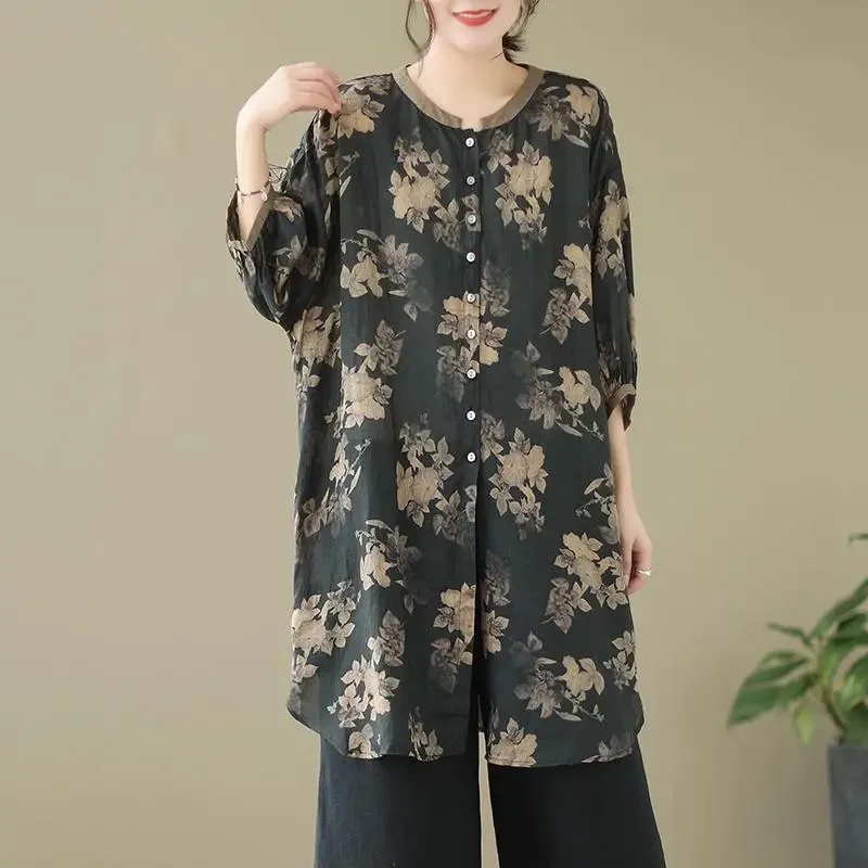 

Women's Vintage Floral Print Linen Blouse Oversized Button Down Puff Sleeve Curved Hem Casual Top