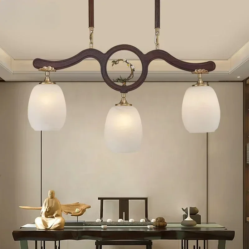 New Chinese Style Antique Solid Wood Chandelier - Three-Head Design for Restaurant & Bar