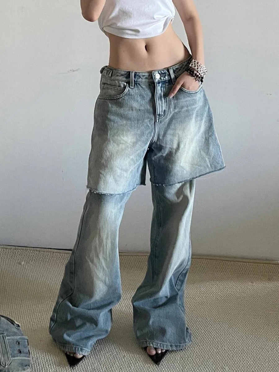 

Retro American Light Wash Denim Pants Women's Summer Casual High Waist Long Pants Fake Two-Piece Design Unisex Micro Flare