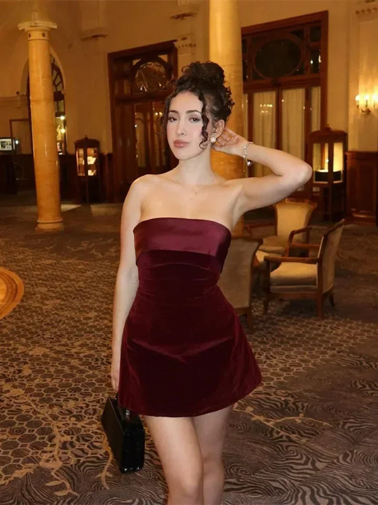 

Elegant Burgundy Strapless Velvet Mini Dress Sexy Backless High Waist A-line Dresses Vintage Evening Club Party Female Robes