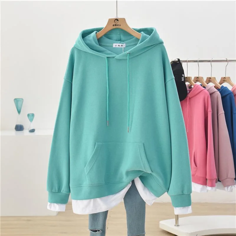 Spring Autumn New Loose All-match Fake Two Piece Hooded Long Sleeve Solid Plus Size Sweatshirts Fashion Casual Women Clothing