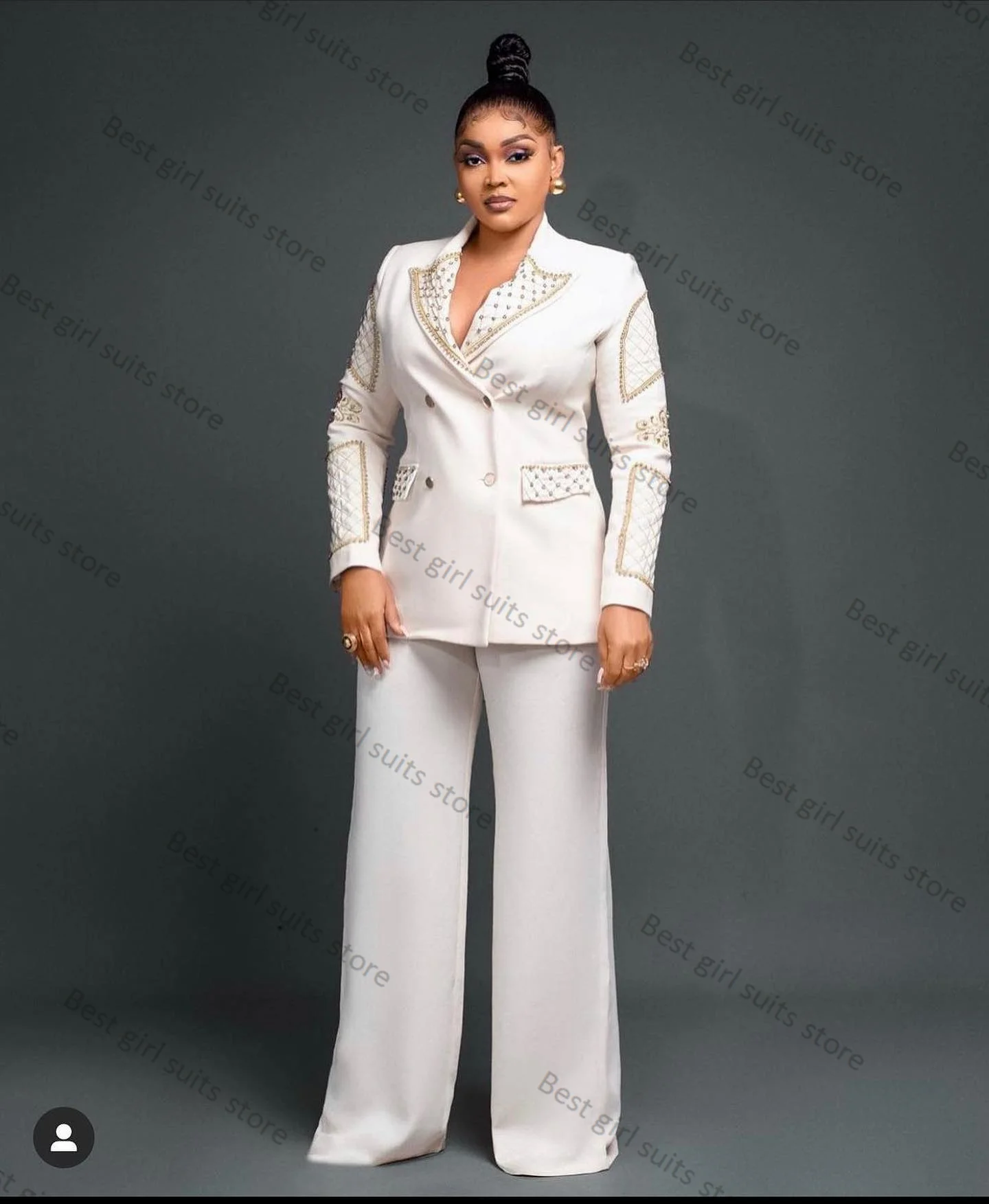 

White Women Suit Pants Set 2 Piece Crystals Blazer+Trouser Formal Office Lady Jacket Customized Cotton Wedding Tuxedos Prom Coat