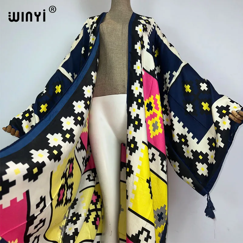 2023 WINYI new Cotton feeling Bikini Cover-ups Bohemian print Front Open Long Kimono kaftan Beach Cover Ups for Swimwear Dresses