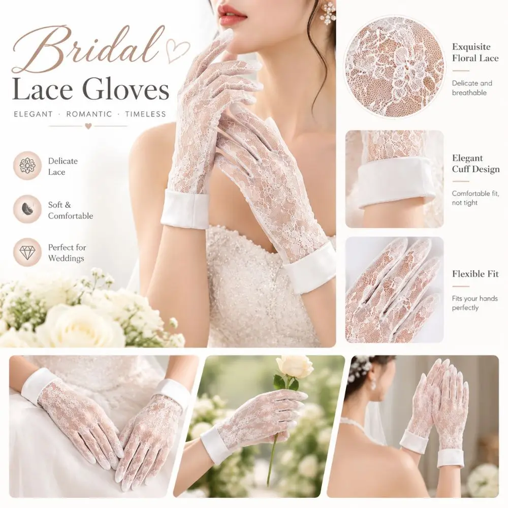 Floral Lace Bridal Lace Gloves Elastic Fabric Satin Cuff Floral Embroidery Aesthetic Gloves See Through Breathable