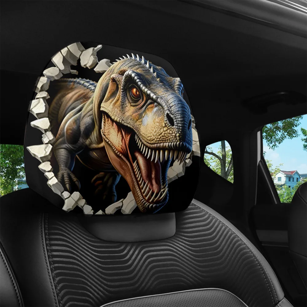 2pcs Realistic Dinosaur Ruined Wall Style Printed Car Headrest Covers, Interior Decoration, Universal Fit, Machine Washable, E