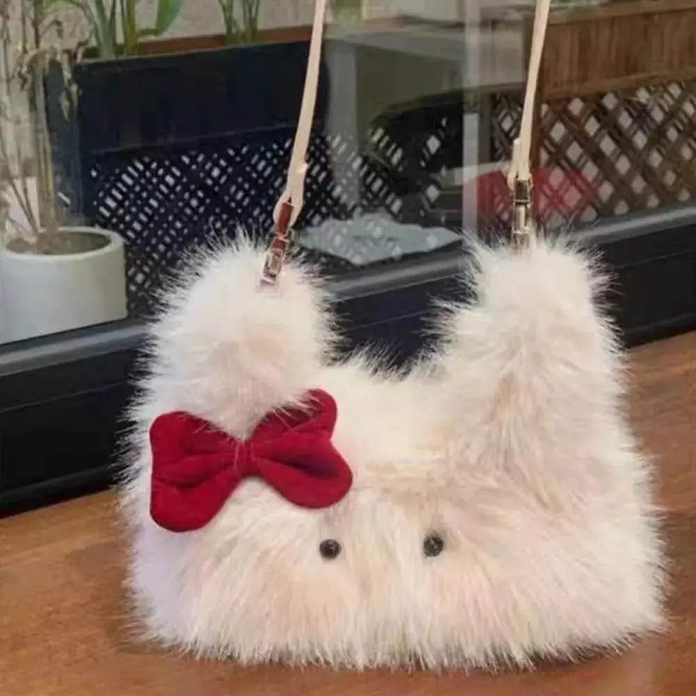 

Cartoon Plush Plush Handbag Bow Sweet Cat Underarm Bag Large Capacity Crossbody Bag for Women