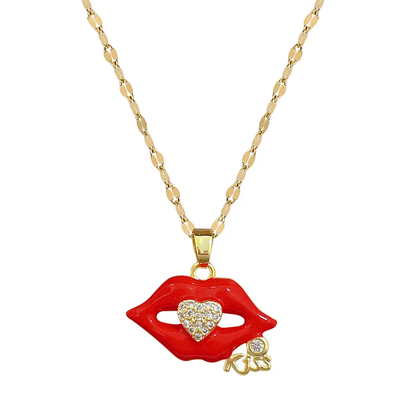 Stainless Steel Flame Red Lips Kiss Heart Pendant with Diamonds Necklace for Women Luxury Charming Jewelry Clavicle Chain Gifts