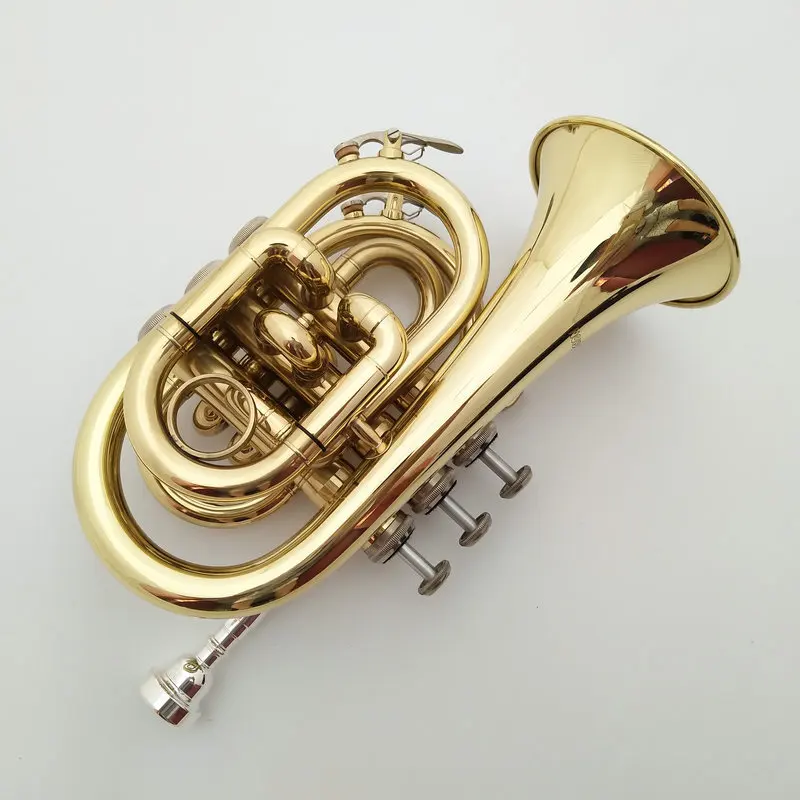 Professional Performance Pocket Trumpet Bb Key Brass Instrument with Gold Lacquer