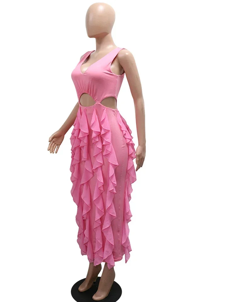 Elegante decote em v profundo babados em camadas vestidos de festa longos para mulheres bonito rosa ruched noite fora vestidos outfits clubwear