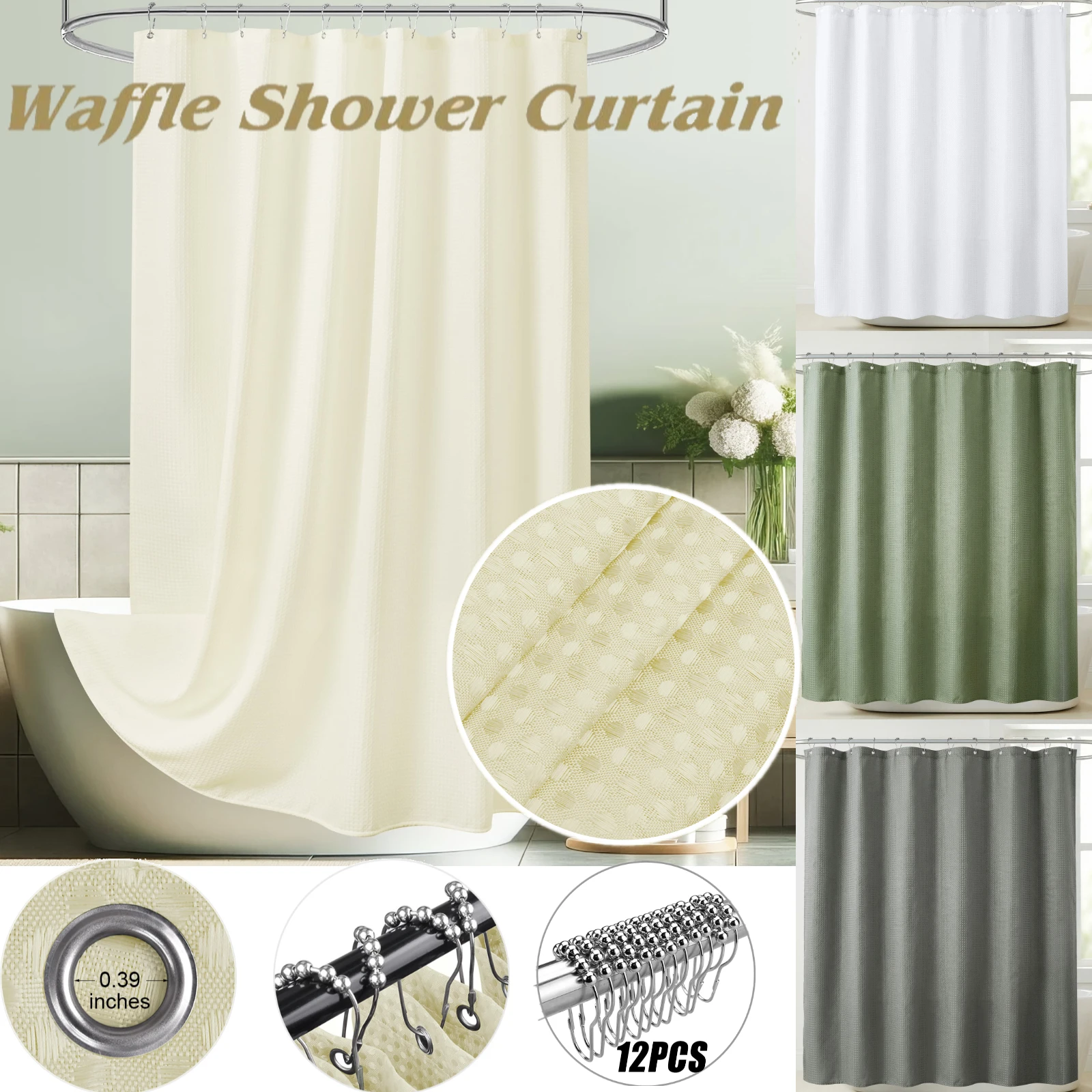 

Плотная вафельная шторка для ванной, водонепроницаемая, устойчивая к плесени, однотонная, с 12 крючками для дома, туалета, отеля