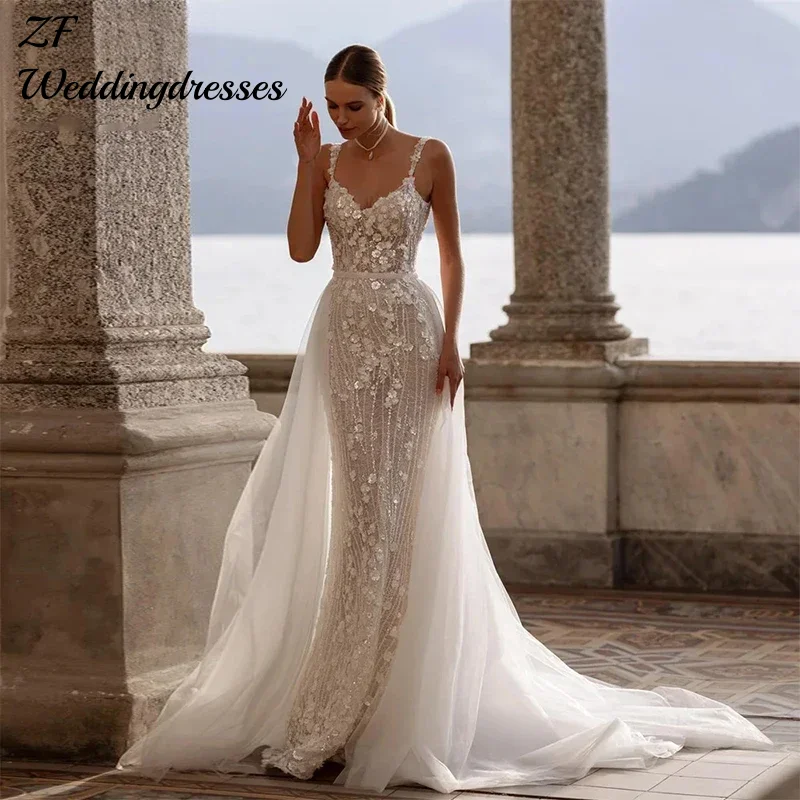 Maßgeschneidertes, elegantes, herzförmiges Meerjungfrau-Hochzeitskleid, abnehmbares 2-in-1-Hochzeitskleid mit Spitzenaufkleber, Brautballkleid