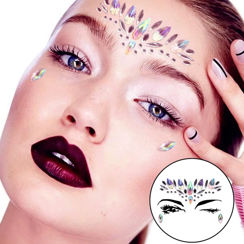 3D Face Crystal Sticker Glitter Temporary Tattoo Fake Tattoos for Women DIY Party Stage Face Decoration Gemstone Tattoo Stickers