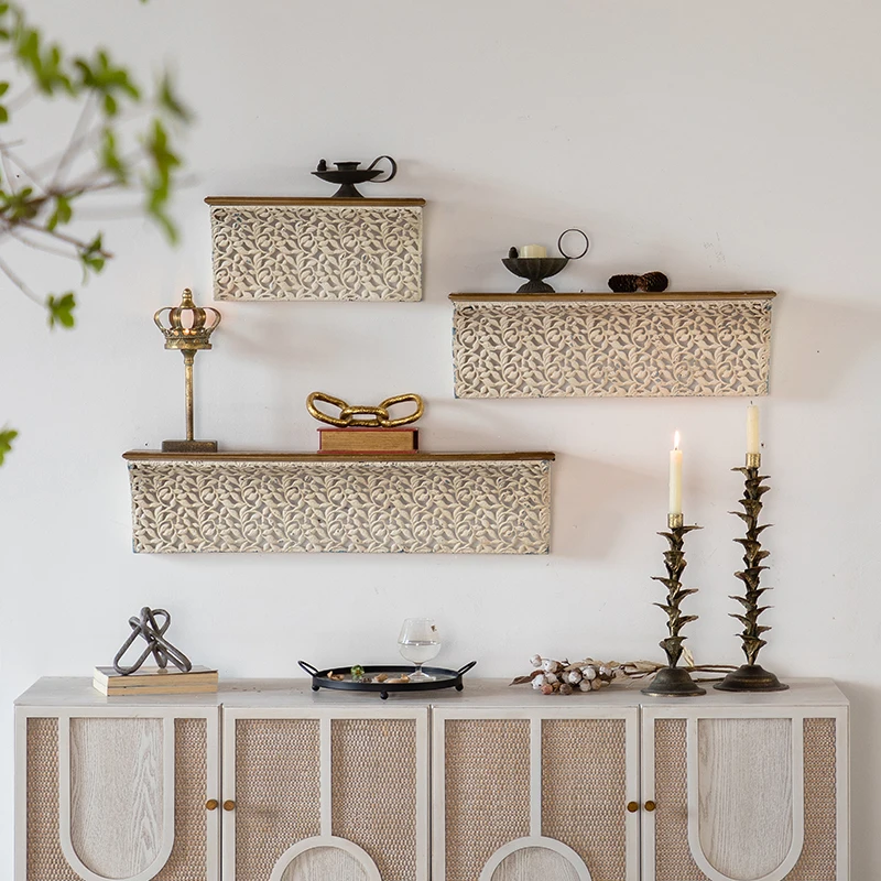 Moroccan Leaf Carved Wall Shelf, Cream White Display Shelf, Iron and Pine Wood, Handcrafted Floating Shelf, Vintage Rustic Decor