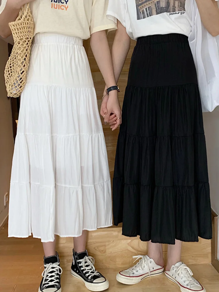 Summer A-LINE Loose Black White Cotton Long Skirt Women Casual Vintage High Waist Elastic Patchwork Girl Elegant