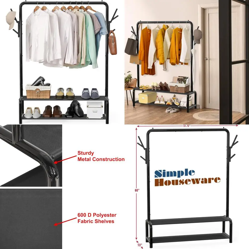 

52 Black Freestanding Closet Organizer with Shelves and Hooks for Garments and Accessories