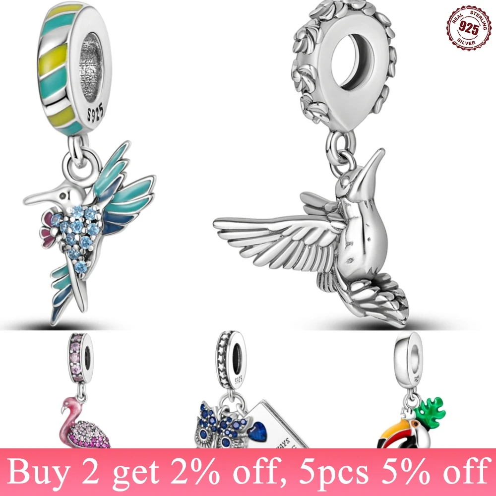 925 Sterling Silver Owl Peacock Parrot Bird Series Charms Beads Pendant Fit Original  Bracelets S925 DIY Jewelry Fine Gifts