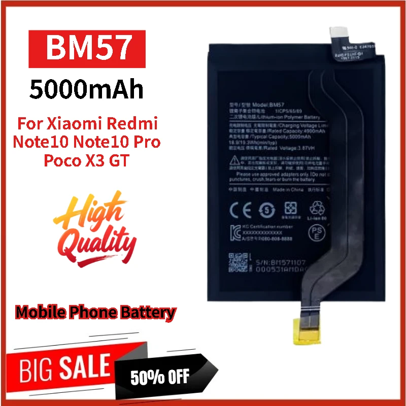 

High Quality BM57 3.87V 5000mAh Phone Battery for Xiaomi Redmi Note10 /10 Pro / Poco X3 GT Brand New Replacement Battery