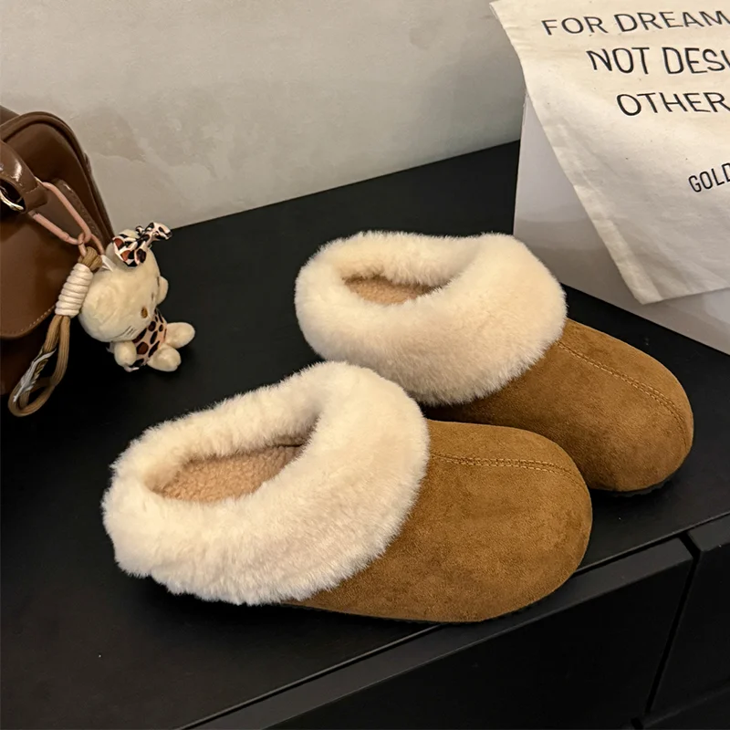 

Хутряные женские хлопковые тапочки на плоской подошве, модная короткая плюшевая теплая обувь для женщин, модные зимние ботинки 2025 года, новые женские туфли-лодочки