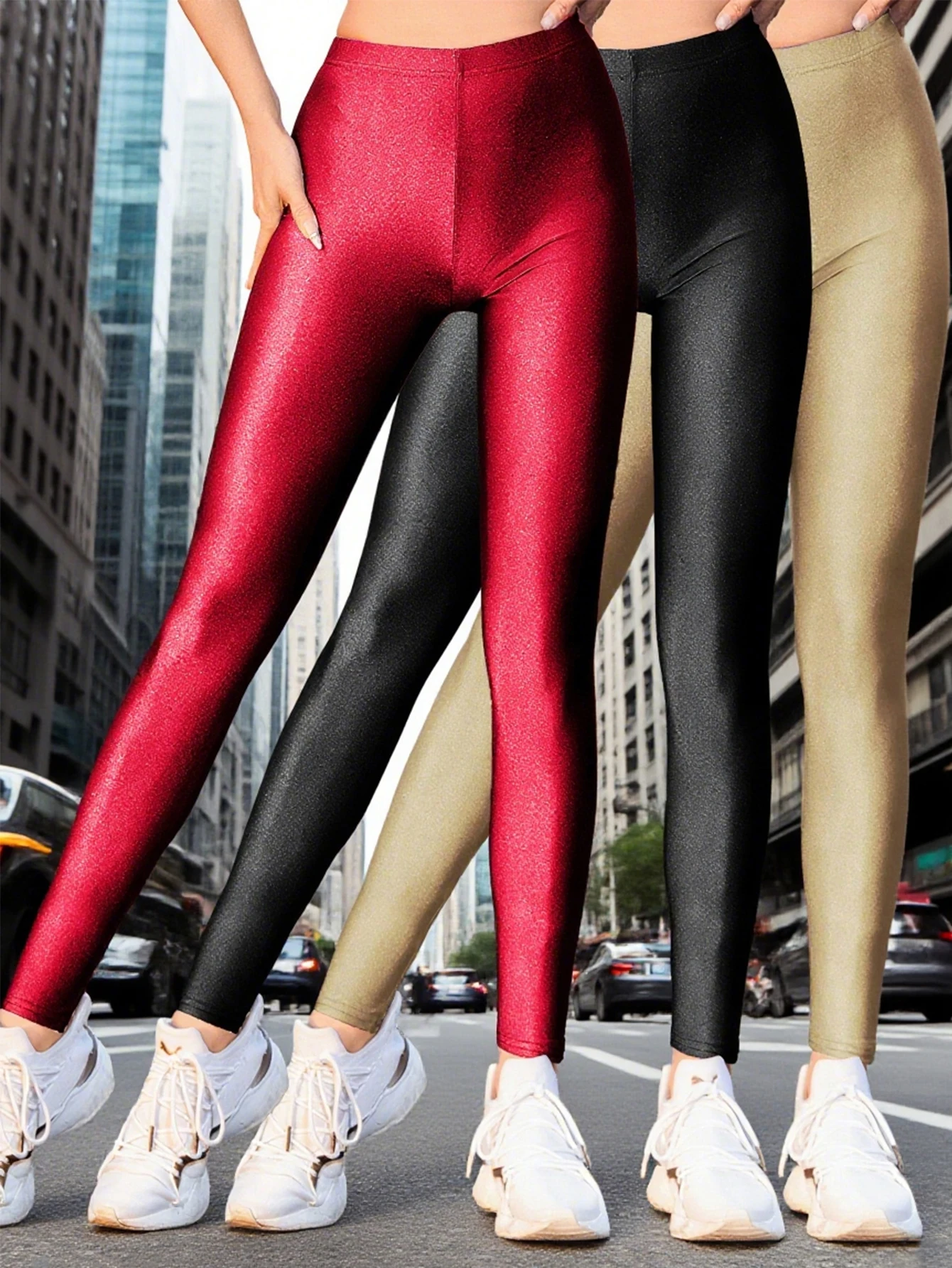 New Spring And Summer Stretch Waist Polyester Glossy Nine-inch Pants In Colorful Dark Blue Casual Base Set Of Three Pieces