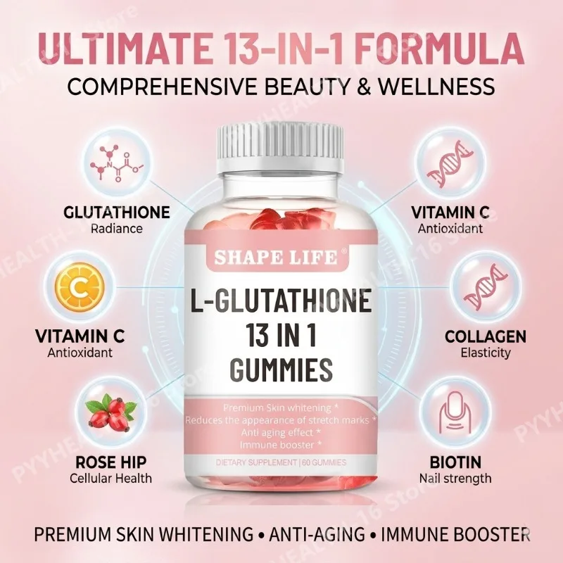 L-Glutathione Gummies 13-in-1 for Skin Brightening,Uneven Skin Tone & Radiant Glow with Vitamin C,Collagen,Biotin,60 Gummies