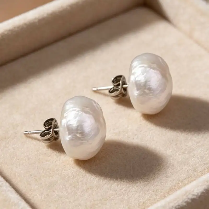 Handmade Freshwater Pearls White Baroque Pearl Earrings 18k Bridal Platinum Ear Cuff Unisex Eardrop Beaded