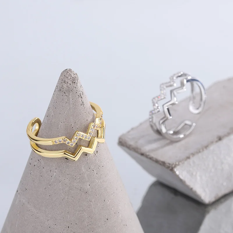 Romantic Geometric Double Wave Mountain Sea Zircon Ring Art Minimalist Aesthetic V-Shaped Open Rings For Wife Daughter Jewelry