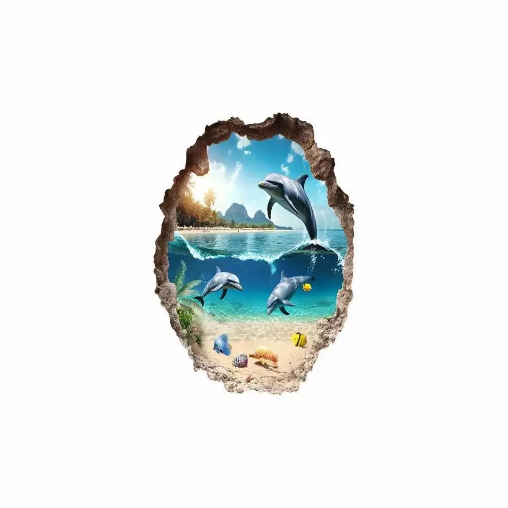 Self Adhesive Ocean Wall Sticker Waterproof PVC Dolphin Wall Sticker Broken Wall Effect Ocean Scene Wall Decal Bathroom Decor