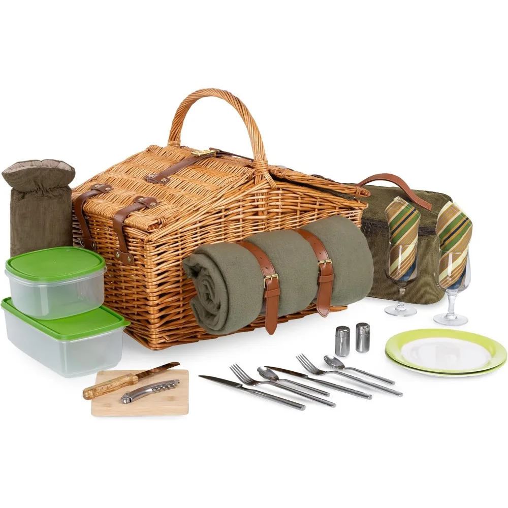 

Somerset Deluxe Blanket, Soft Cooler Bag, & Romantic Picnic Wine Basket, One Size, Sage Green