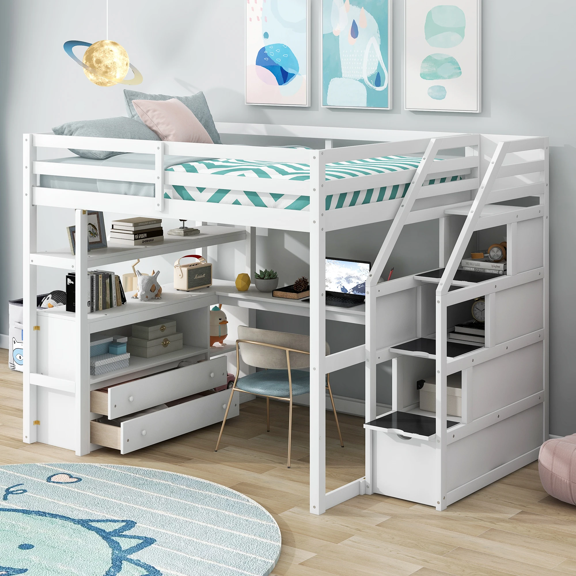 

Full Size Loft Bed with Desk, Shelves, Two Built-in Drawers, and Storage Staircase, White 95.10x57x65 in.