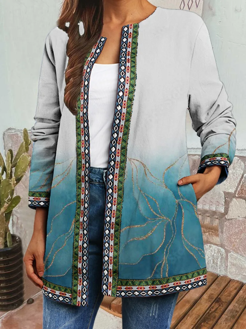 Women\'s Fashion Leisure Retro Ethnic Style Printed Long Sleeved Jacket  Cardigan Women\'s Top