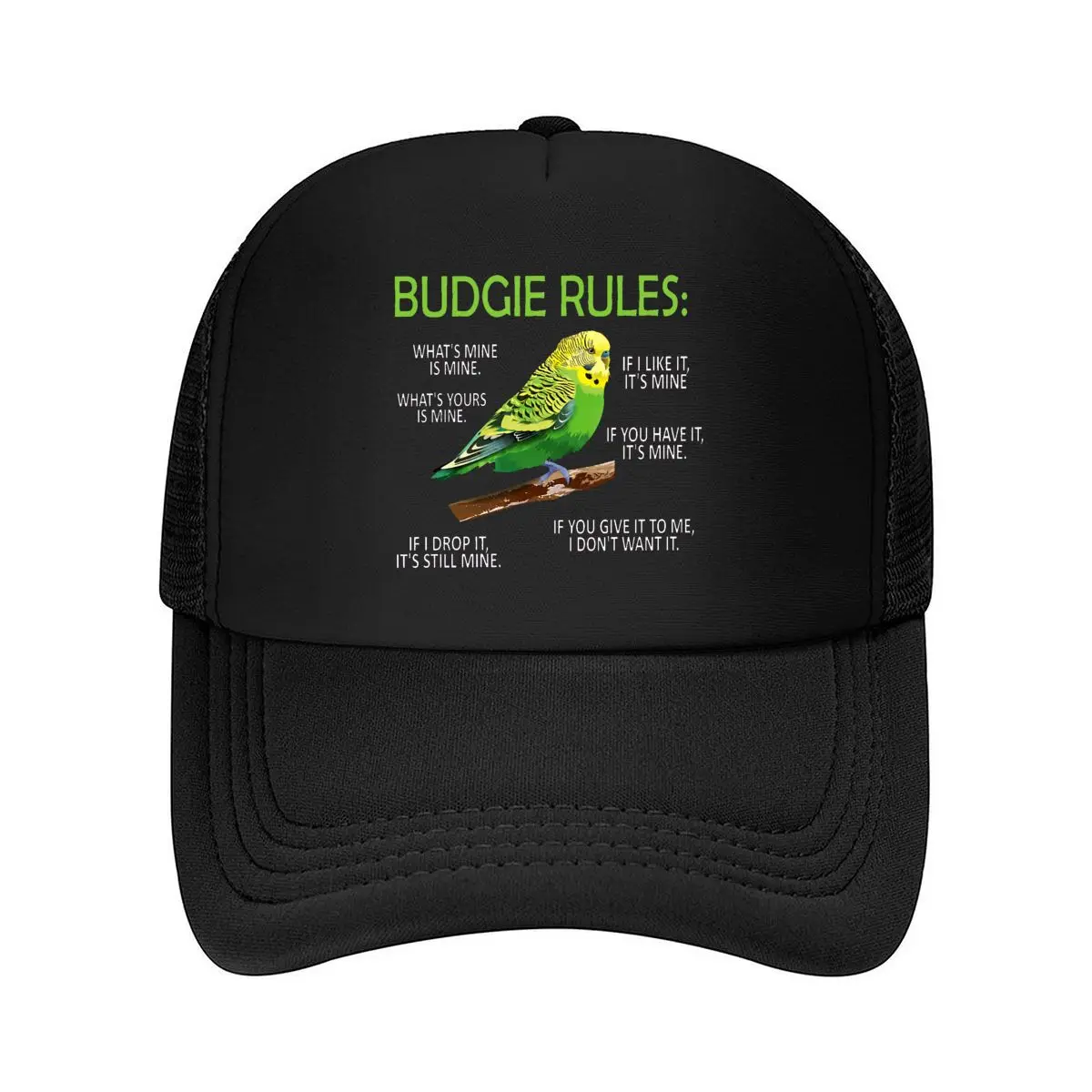 Budgie Rules Green Parakeet Bird Graphic Mesh Baseball Cap For Womens Unisex Female Beach Dad Hat Hip Hop