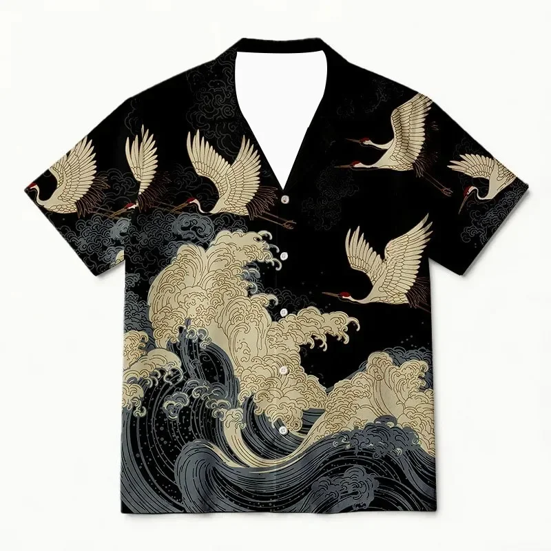 Men Japanese Shirt Short Sleeve Loose Ukiyo-e Oriental Traditional Crane Wave Print Casual Summer Novelty New Trendy Cool Style