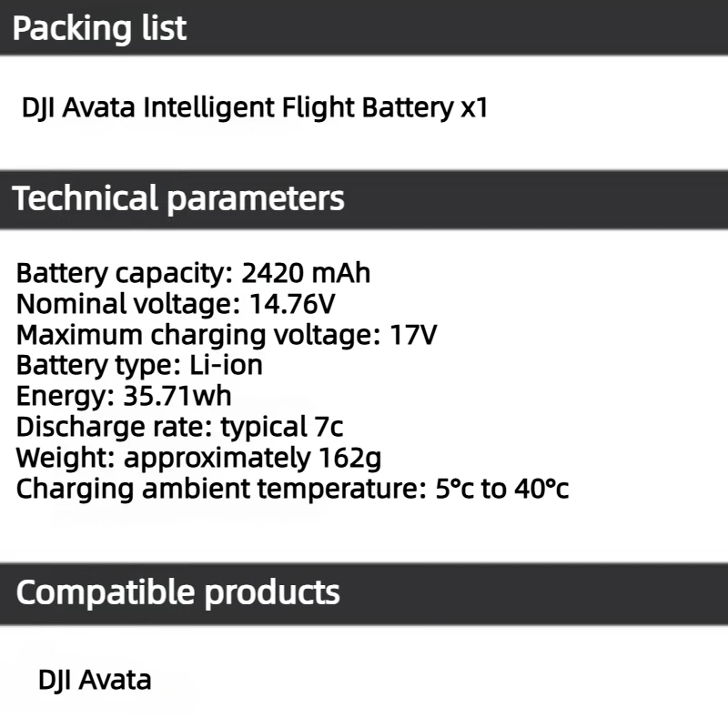 14.76V 2420mAh 35.71Wh Li-Ion Drone Battery for DJI Avata Intelligent Flight Batteries Up To 18 Minutes of Powered Flight Time