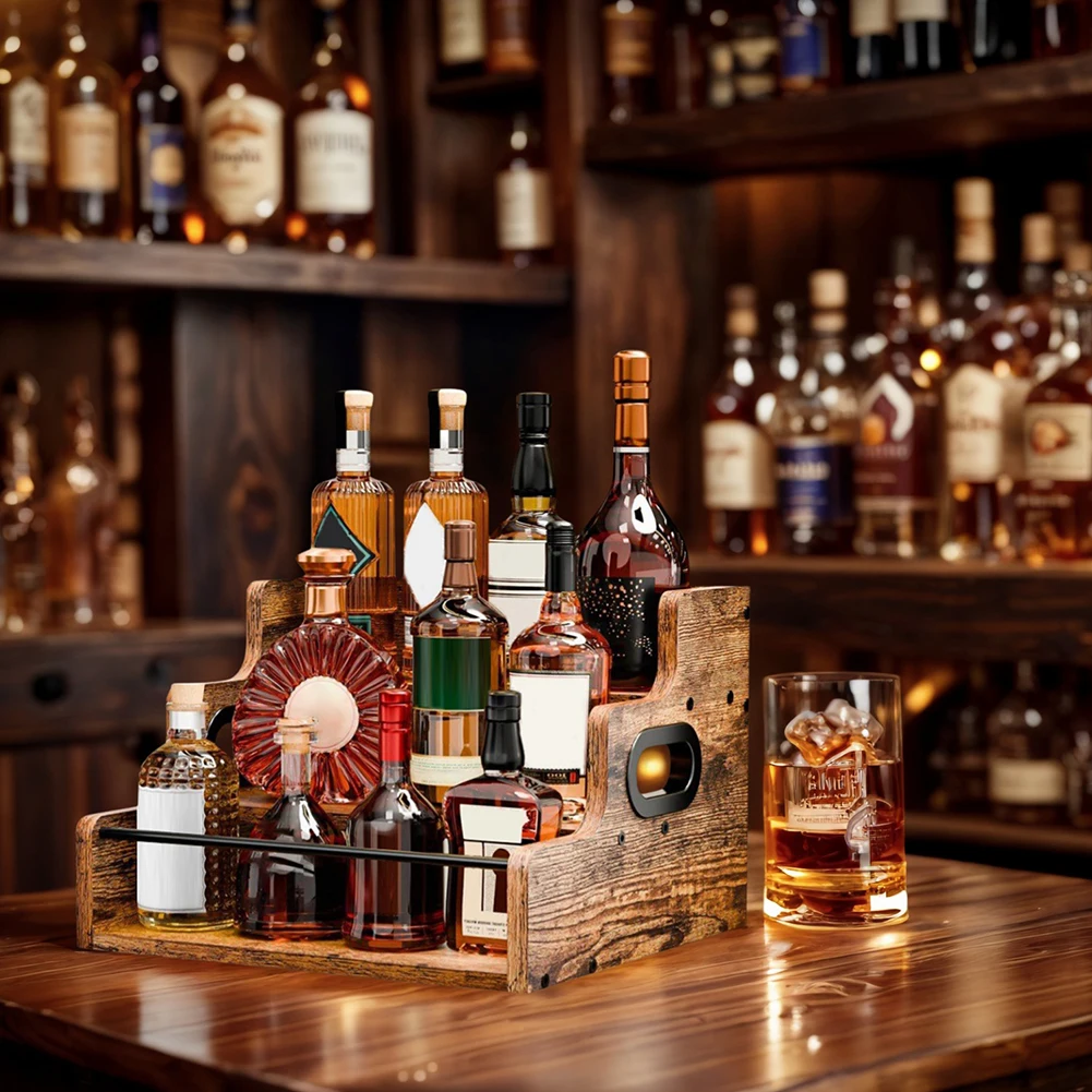 

Wooden Coffee Syrup Rack Organizer 3 Step Retro Bar Shelf Stand Coffee Station Organizer for Whiskey Spirits