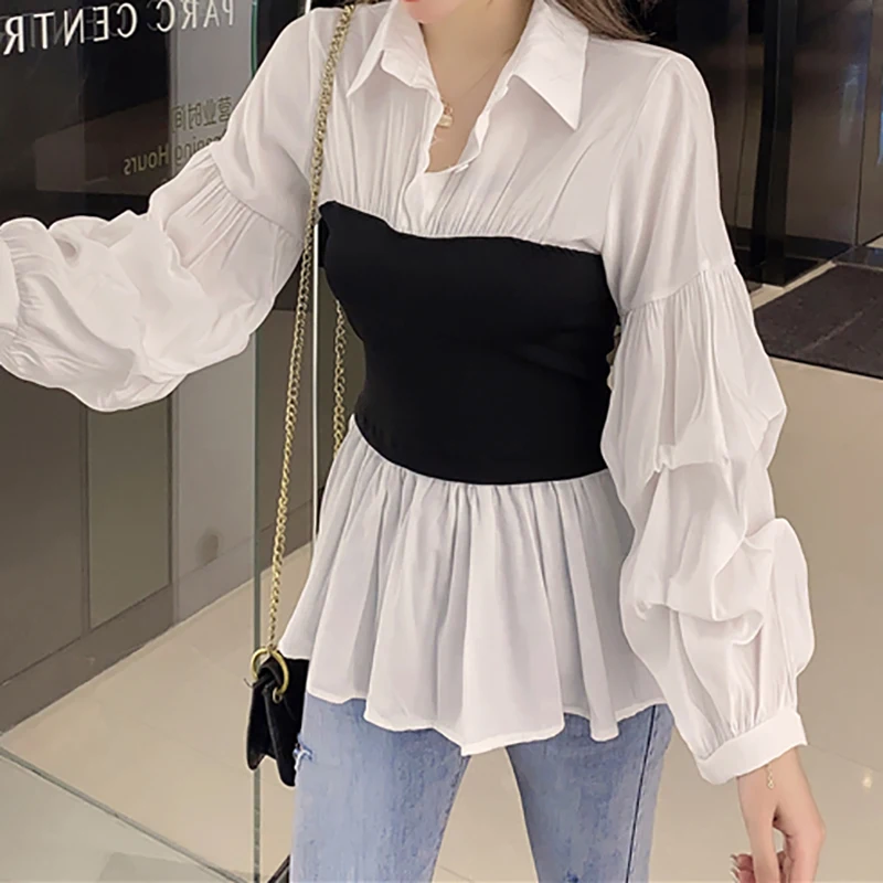 Women\'s Long Sleeve Top Shirt & Blouses Autumn New Office Lady Elegant Lapel Lantern Sleeve Patchwork Pleated Elastic All-match