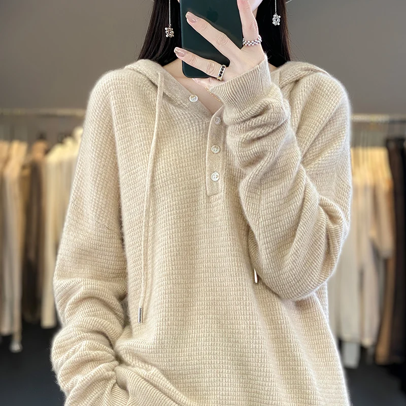 

Autumn and winter new 100% merino sweater women's knitted pullover hoodie solid color buttons loose fashion jacket