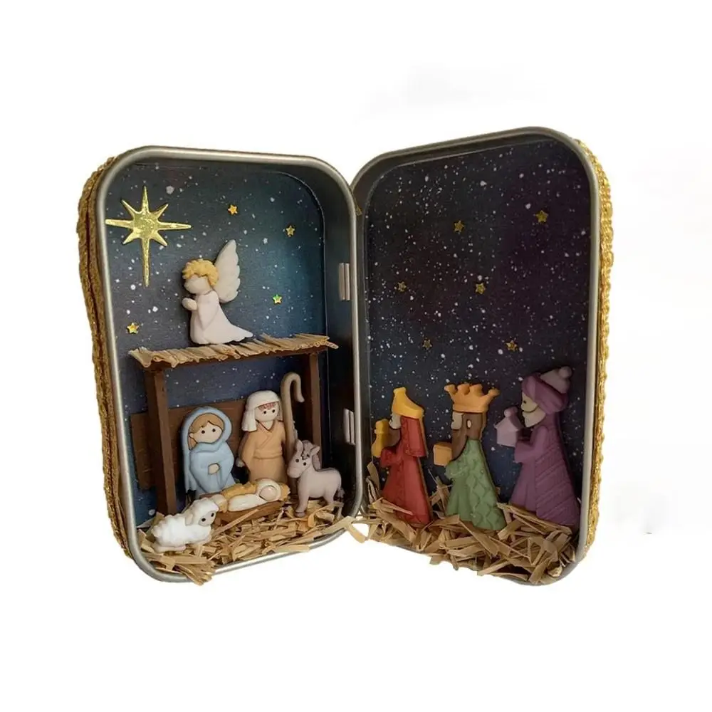 Exquisite Christmas Nativity Box Colorful Cartoon Christmas Crib Ornament Easy Carrying Desktop Figurine Ornament Home Decor