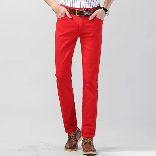 Imagen 2 del producto Pantalones informales coloridos de Color sólido para hombre, pantalones elásticos rectos de negocios para primavera y otoño, pantalones ajustados a la moda para hombre, rojo, amarillo y rosa
