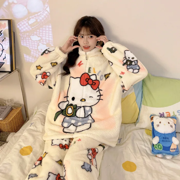 سانريو كورومي مرحبا كيتي منامة الفانيلا امرأة الشتاء الكرتون رشاقته 2 قطعة مجموعة Y2K Kawaldi الملابس المنزلية طويلة الأكمام