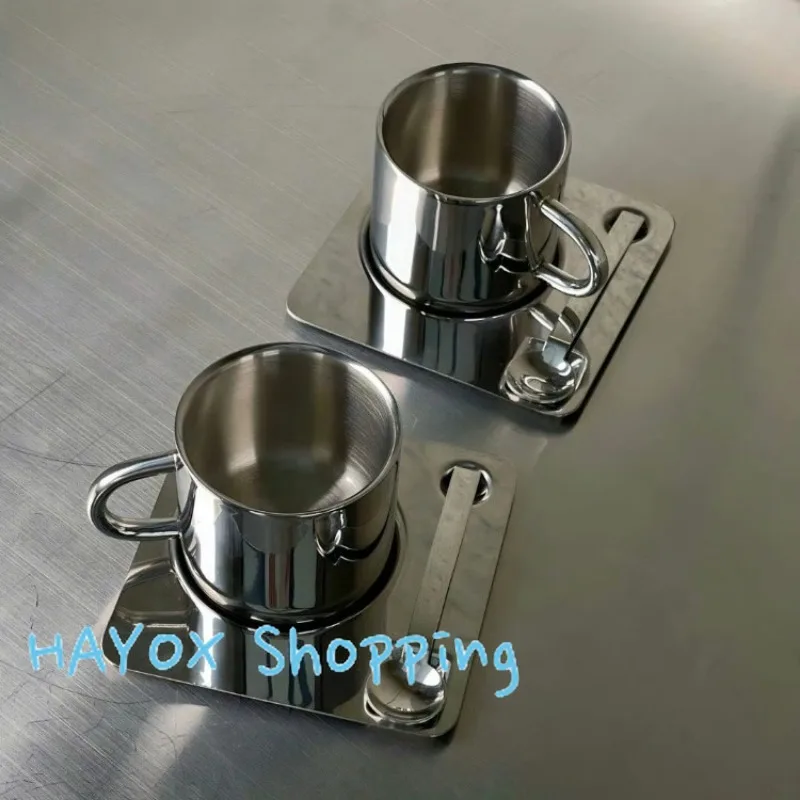 Metal Coffee Cups Saucer Set Wth Spoons，304 Stainless Steel Water Cup Minimalist Coffee Nordic Design Tableware Exquisite Gift