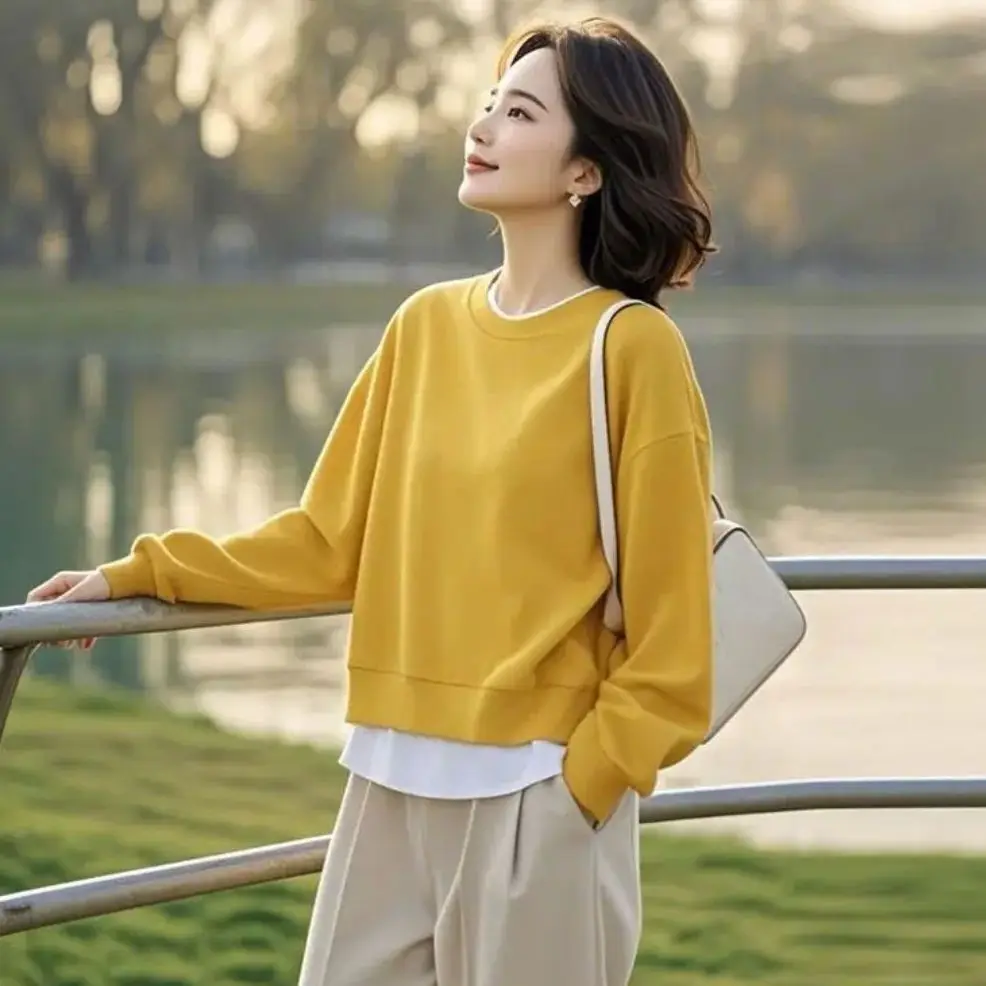 Women Layered Look Sweatshirt 2026 Spring Autumn Crew Neck Pullover Casual Loose Fit Long Sleeve Outerwear