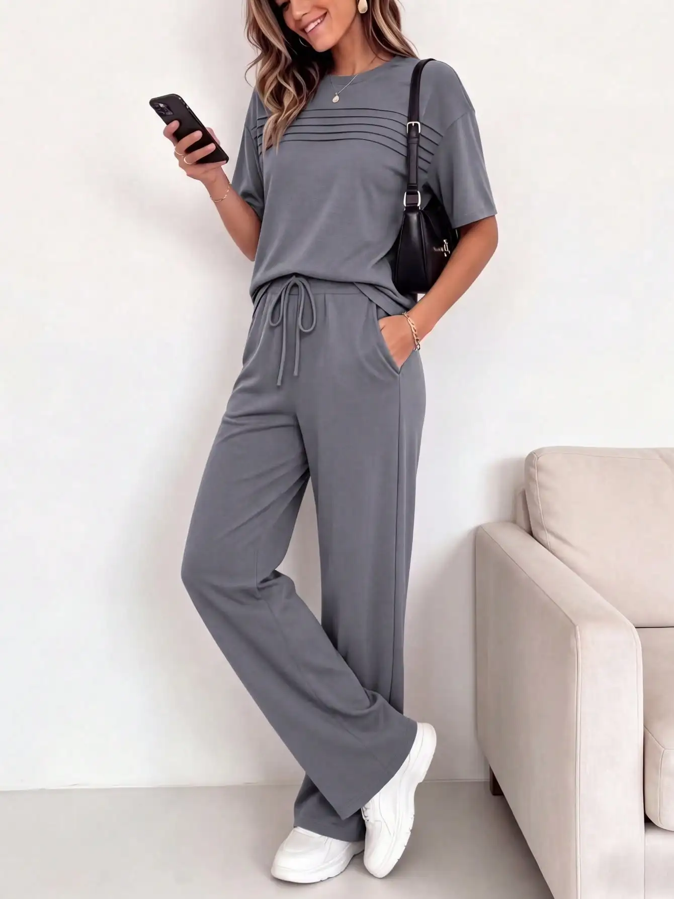 Spring/Summer Women's Comfort Set: Women's striped print crew neck short-sleeve top paired with drawstring casual pants two-piece set
