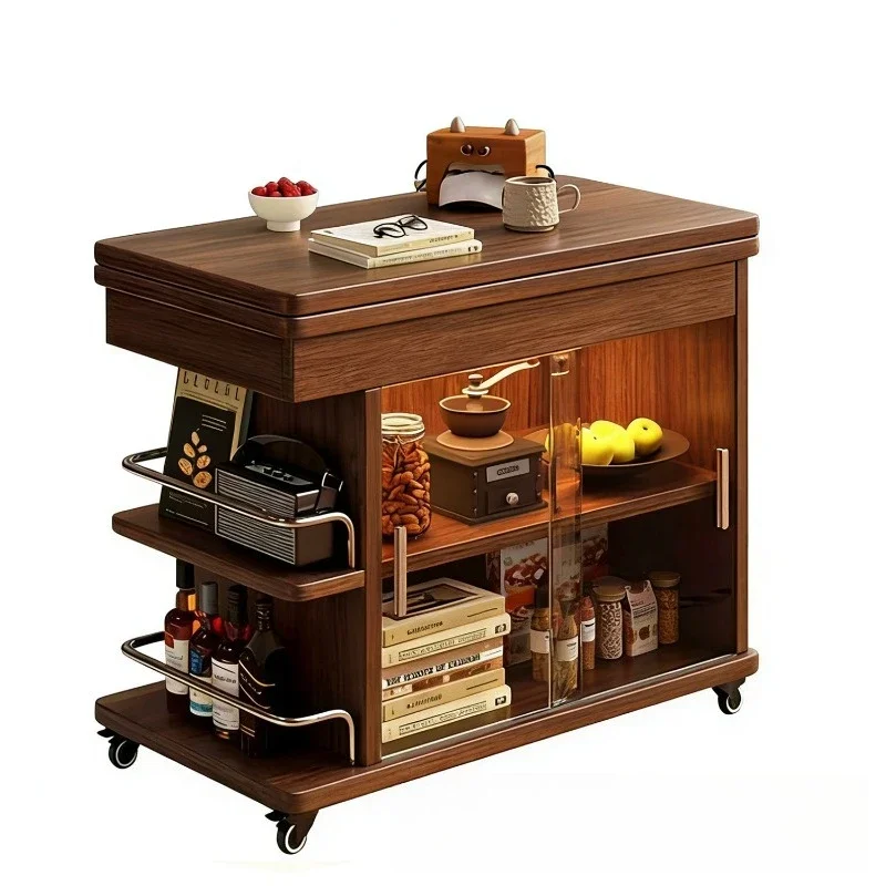 movable sofa side table, folding coffee table trolley, living room household solid wood sofa side cabinet