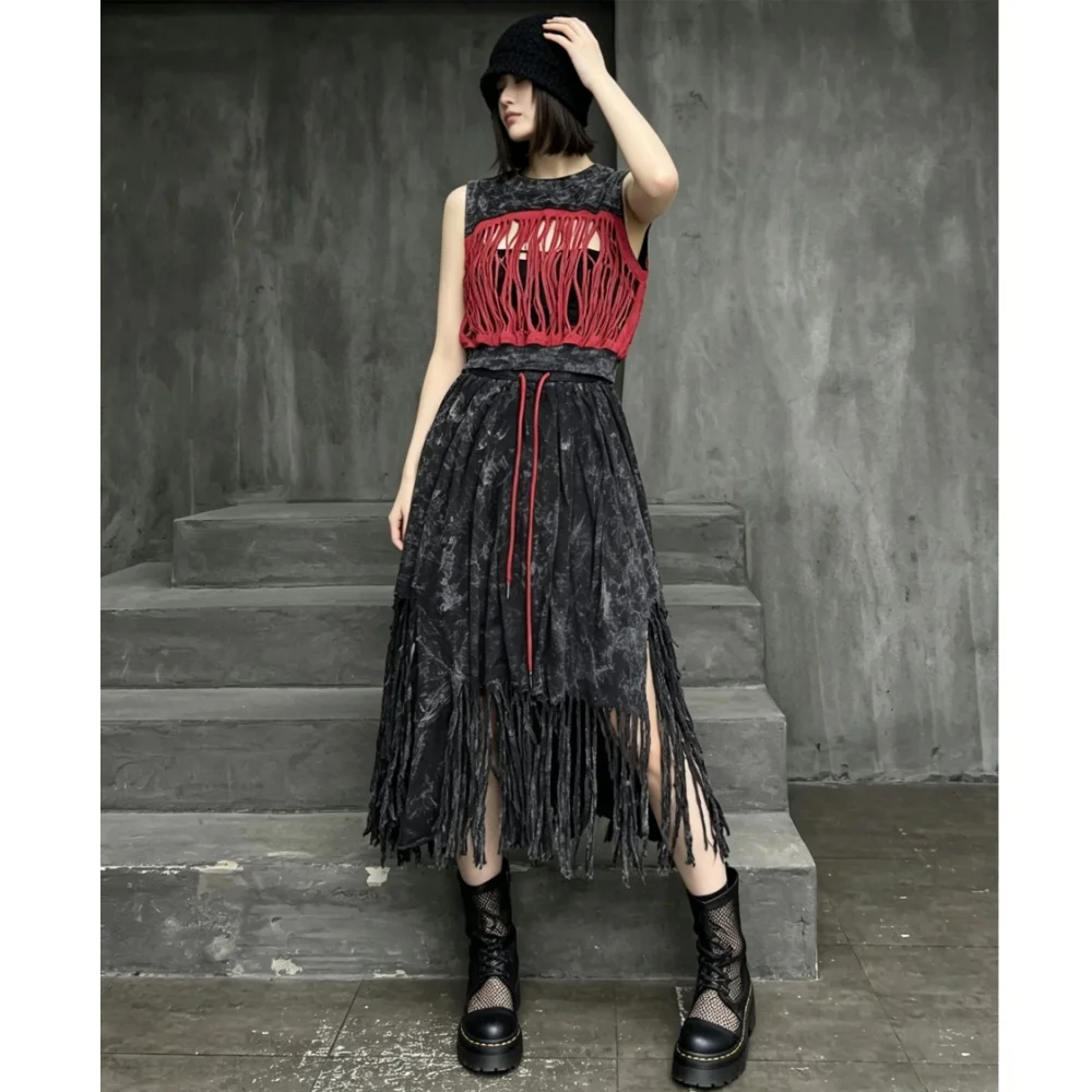 

2026 Summer New Fashion Distressed Tie-dye Tassel Hollow-out Tank Top + Skirt Two-piece Set Women Dress Set XY312