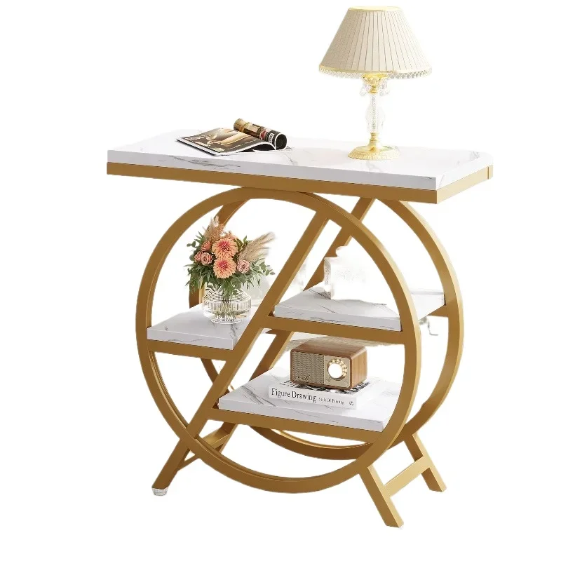 Three-story faux marble side table with storage, wooden narrow sofa side table, modern bedside tables and gold and white bedside