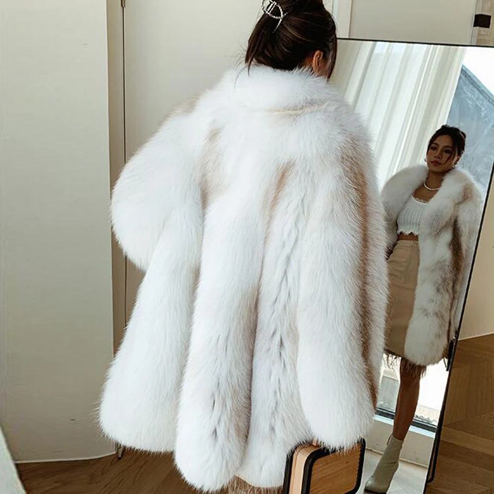 Denny&Dora Women's Fox Fur Coat Mid-Length Lapel Collar Woman Overcoats Natural Real Fox Fur