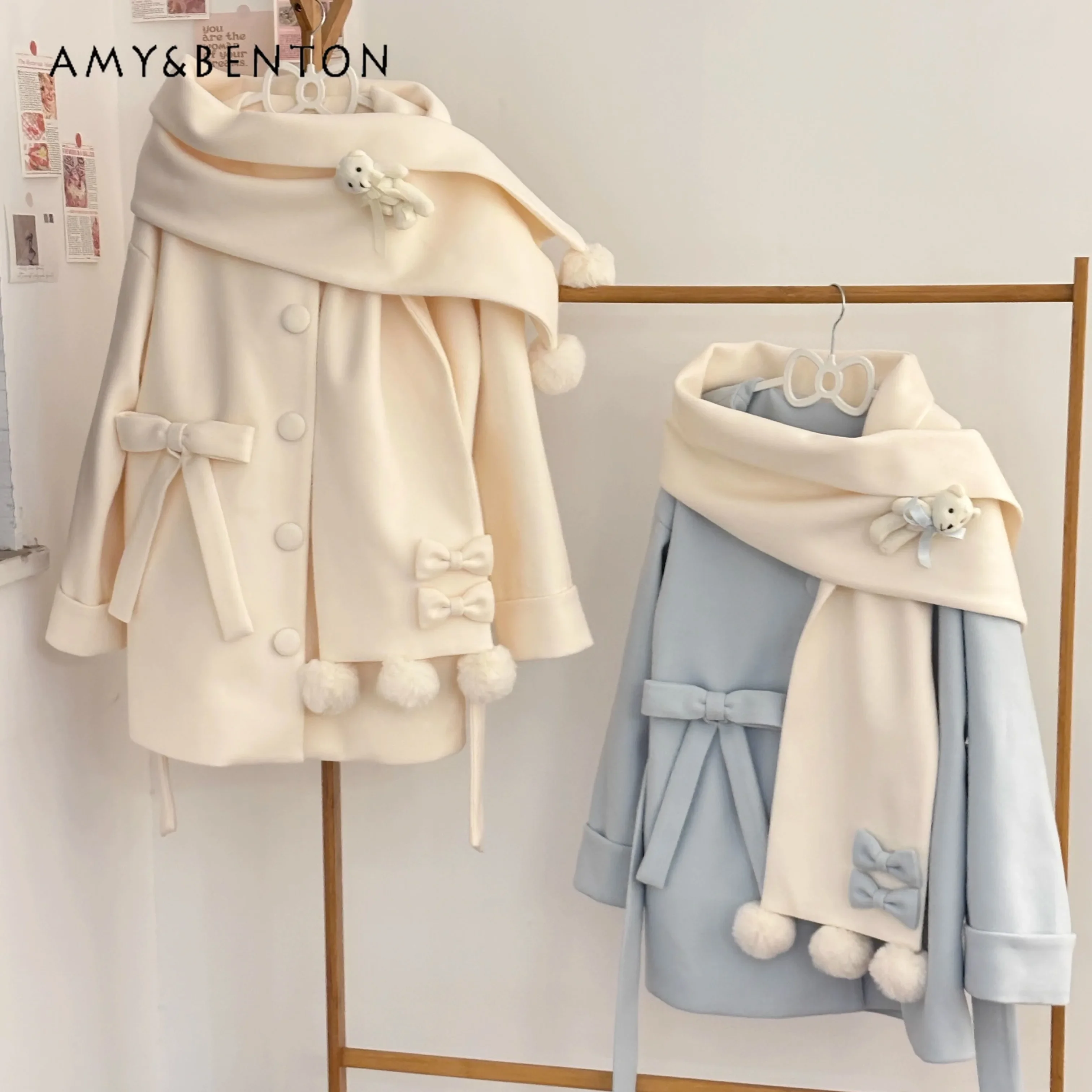 

Autumn Winter New Japanese Cute Three-dimensional Cartoon Scarf Splicing Bow Short Wool Coat Sweet Princess Woolen Coat Women