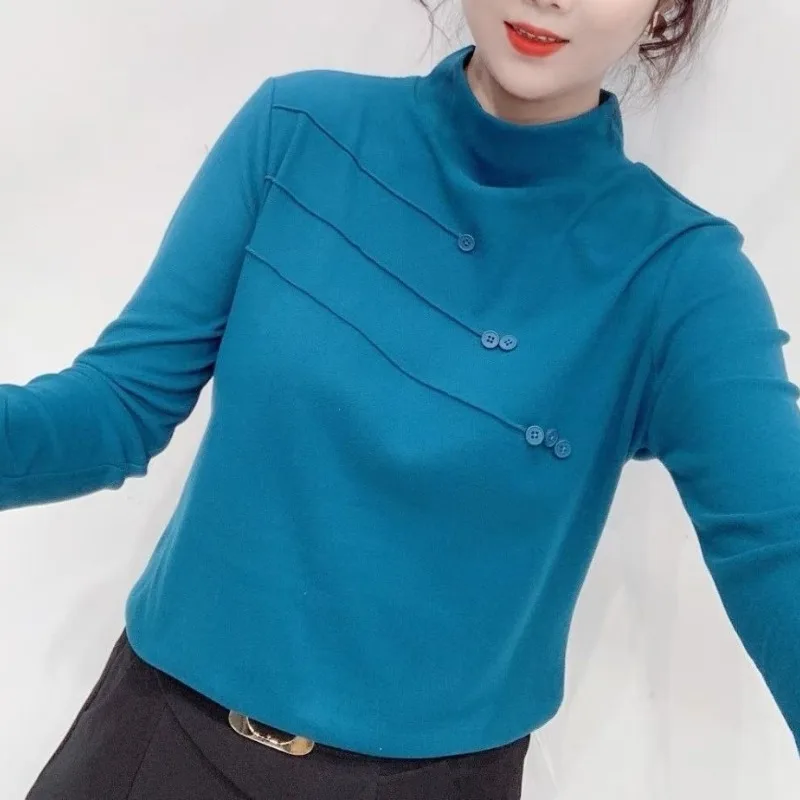 Spring/autumn Women's Pullover Turtleneck Bright Line Decoration Solid Button Long Sleeve T-shirt Office Lady Slim Casual Tops